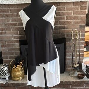 BCBGMaxAzria Black and White Veronika Asymmetrical Tunic Top